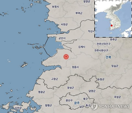 12일 전북 부안에서 발생한 규모 4.8 지진 위치  기상청